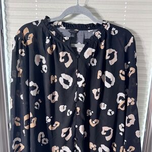 Ann Taylor Leopard Print Blouse XL Black Tan Button Front Top
